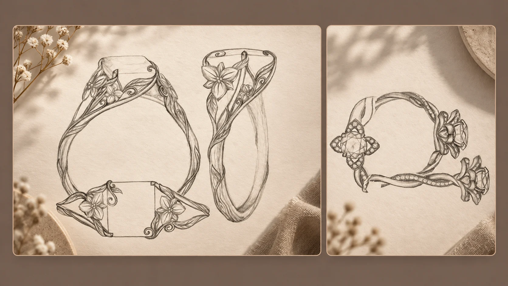 Warm editorial presentation of Sabrina's hand-drawn jewellery concepts