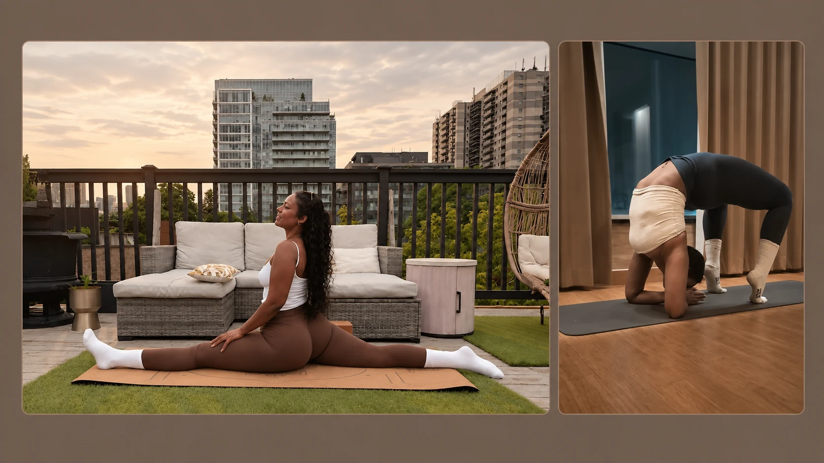 Warm editorial collage of Sabrina practicing yoga